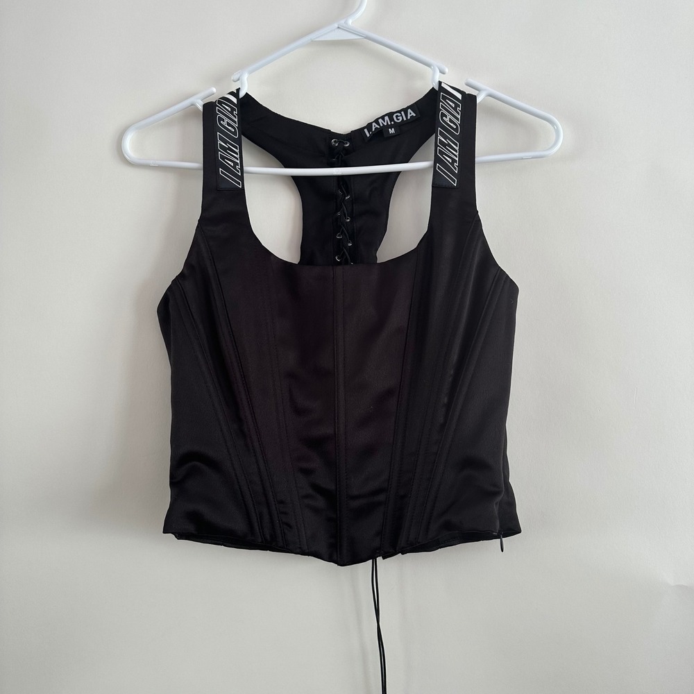 I.AM.GIA Black Corset Tank Top Lace Up Racerback Logo Straps Boned Bodice M